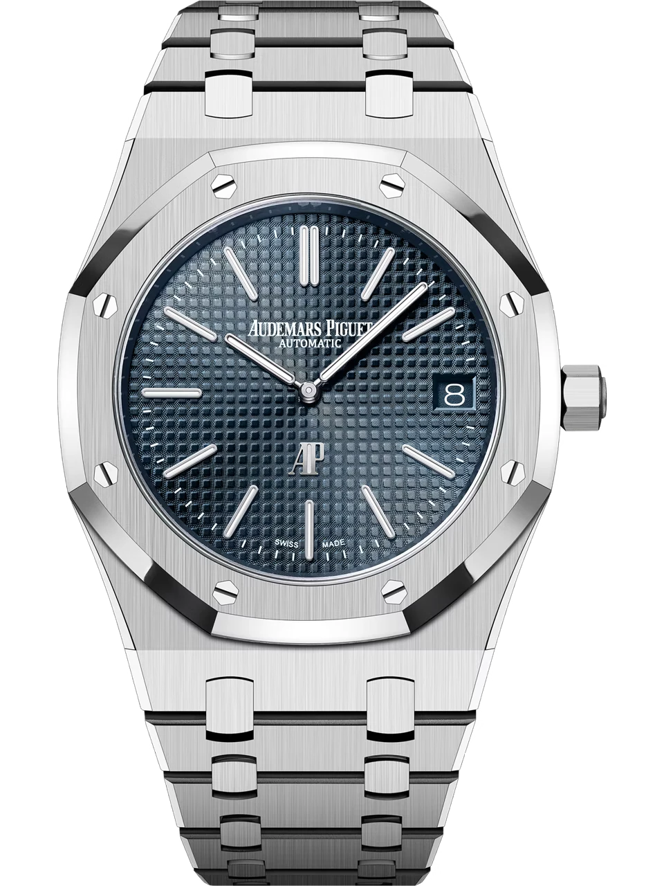 Official Audemars Piguet product photograph of the steel Royal Oak Jumbo Extra-Thin 16202ST with a blue dial and integrated bracelet