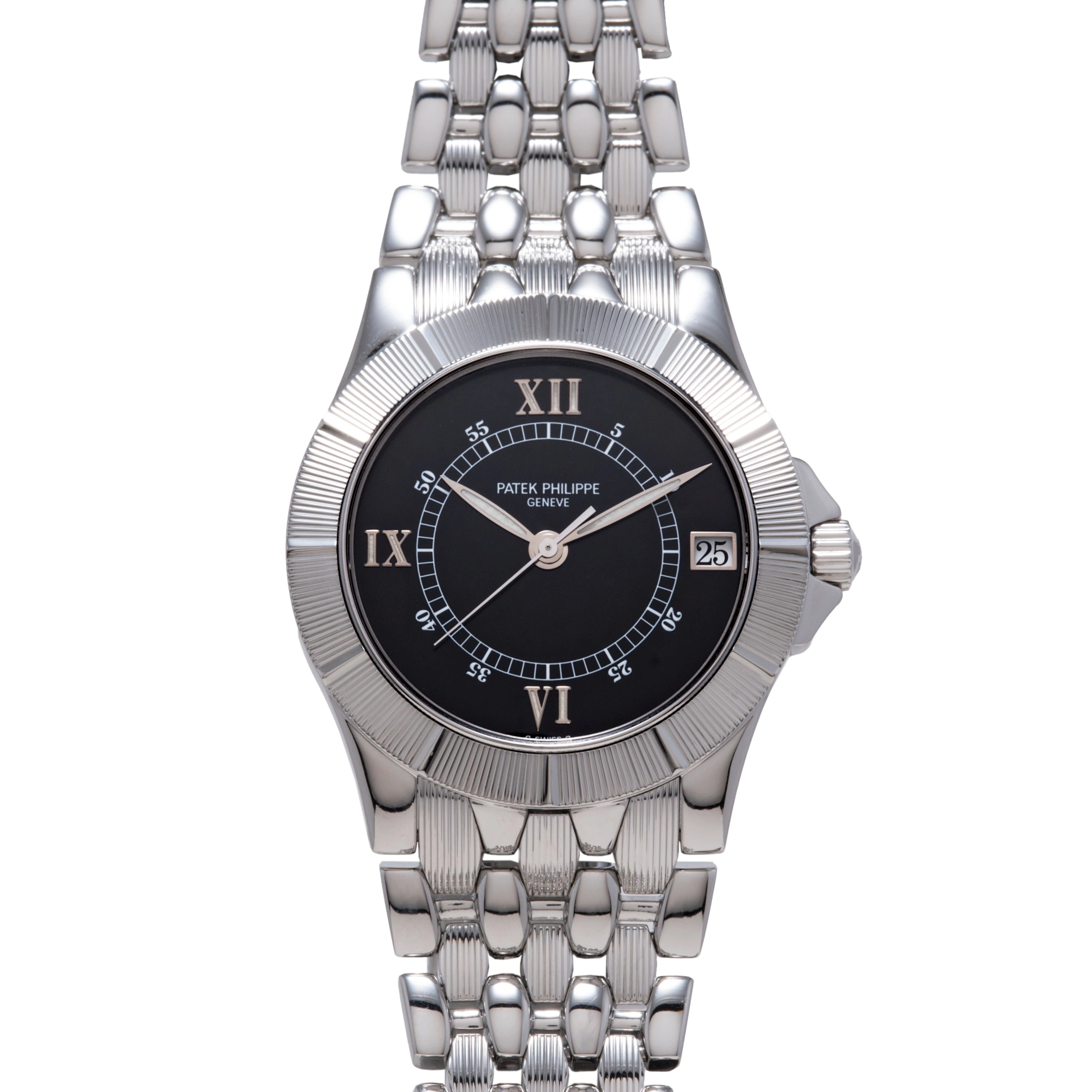 Original Watches of Switzerland photograph of a steel Patek Philippe Neptune 5080/1A-001 with a black dial, reeded bezel and multi-link bracelet on a white background