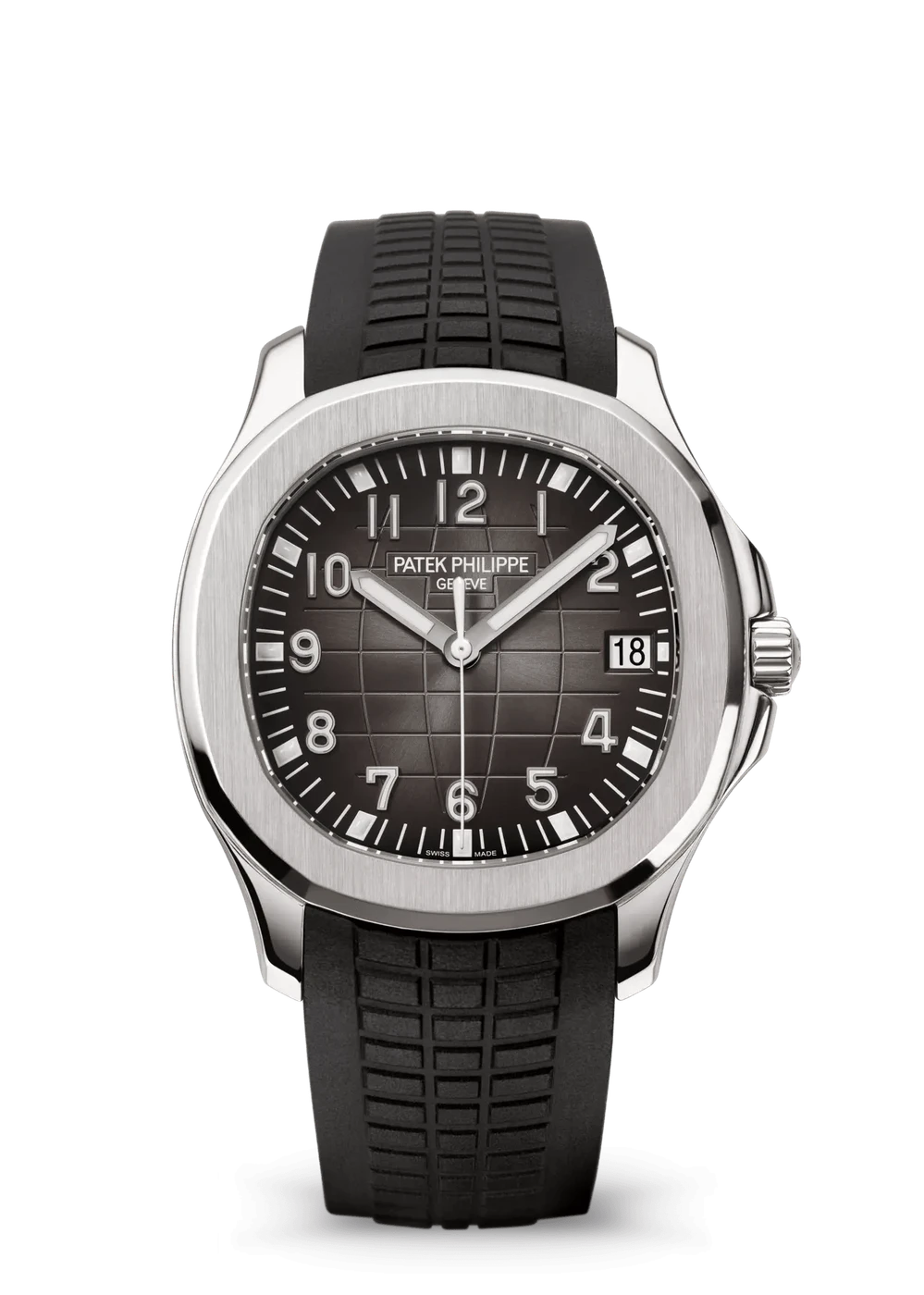 Original manufacturer photograph of the Patek Philippe Aquanaut 5167A-001 in steel with dark patterned dial and black composite strap