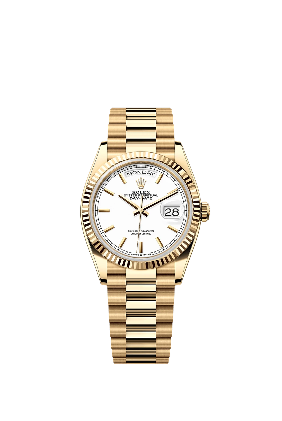 Rolex Day-Date 36 reference 128238-0081 in yellow gold with a white dial and President bracelet