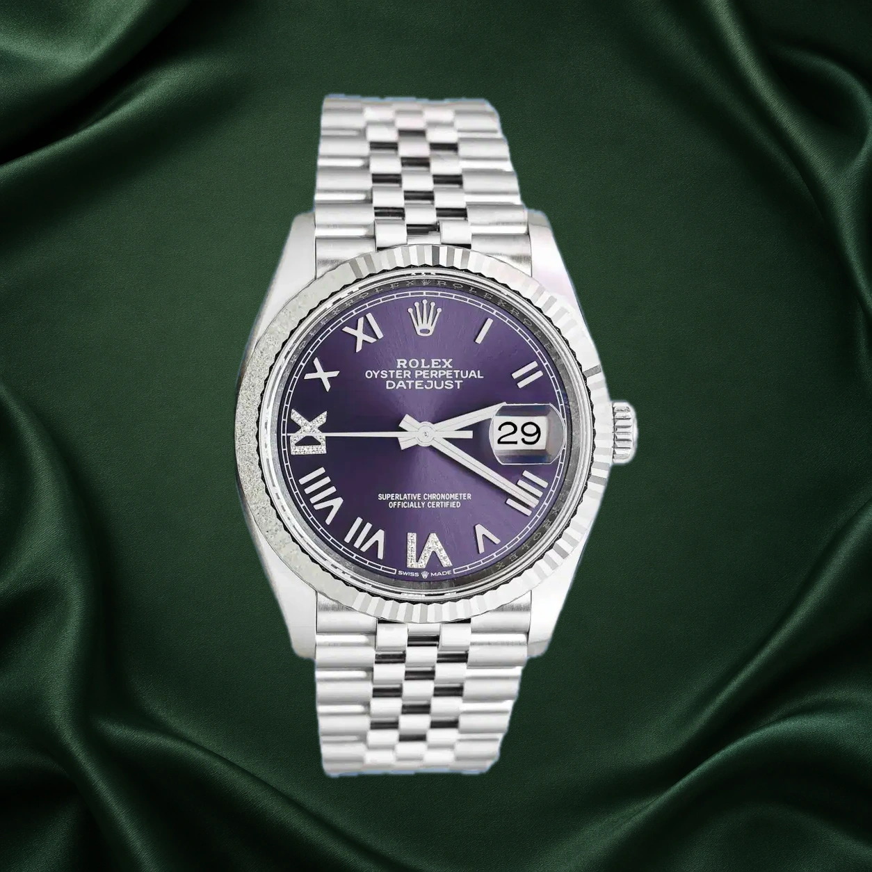 Rolex Datejust 126234 Aubergine w Roman VI & IX Numerals Diamonds Jubilee · partner reference illustration