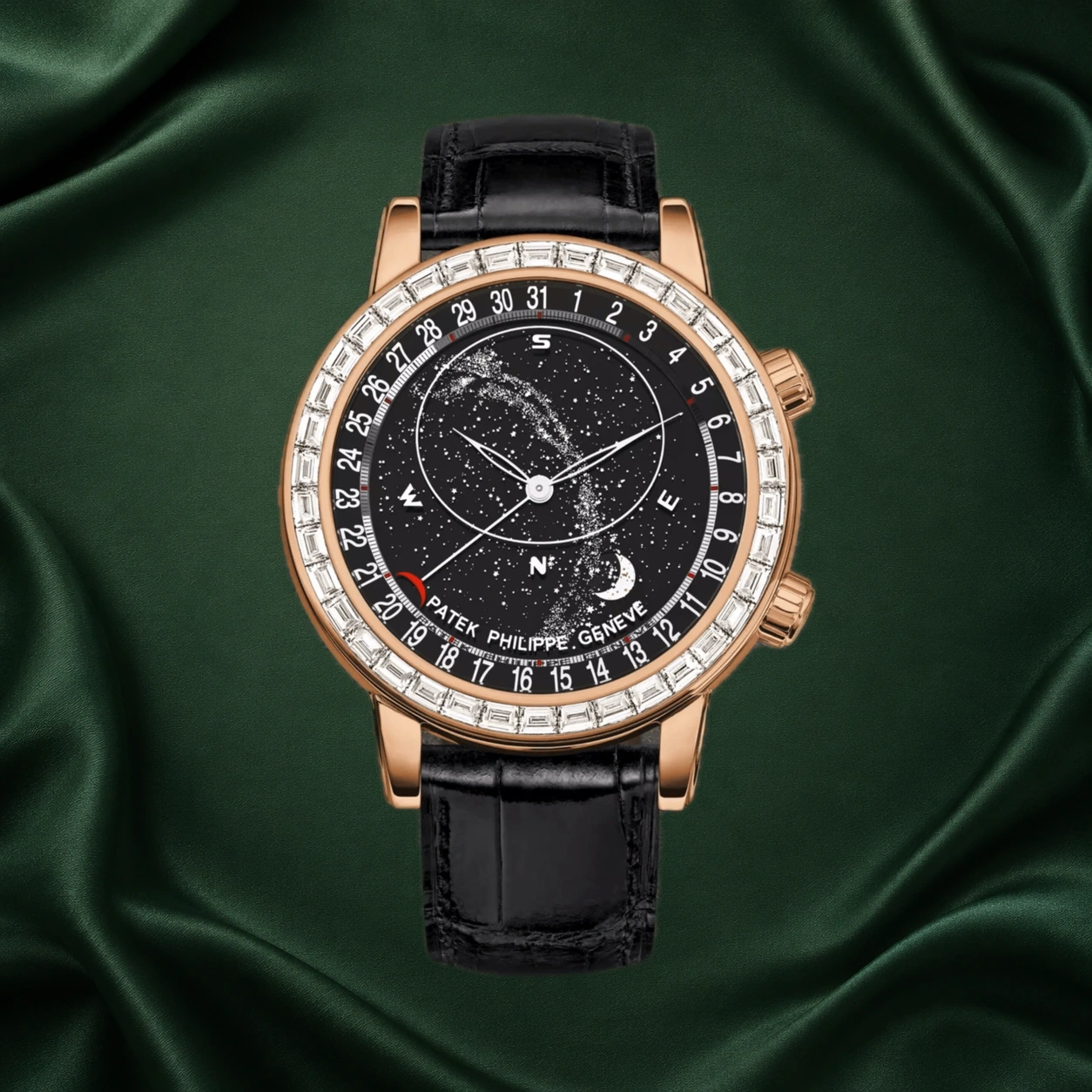 Patek Philippe Celestial 6104R Rose Gold Baguette Diamond Bezel 6104 · partner reference illustration