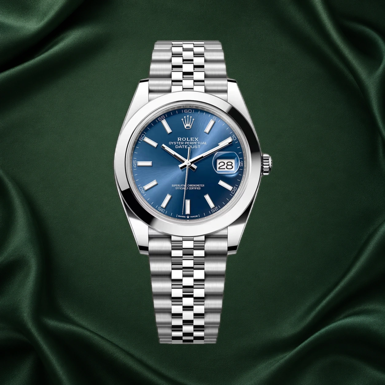 Rolex Datejust 41mm Bright Blue 126300 Smooth Bezel Jubilee Bracelet · partner reference illustration