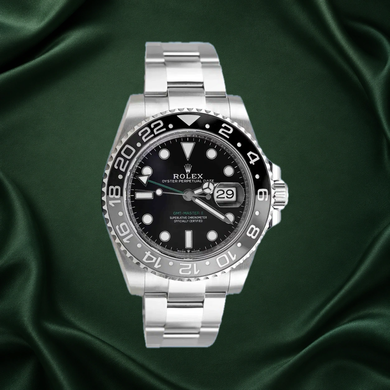 Rolex GMT Master II Bruce Wayne 126710GRNR Black Oyster · partner reference illustration