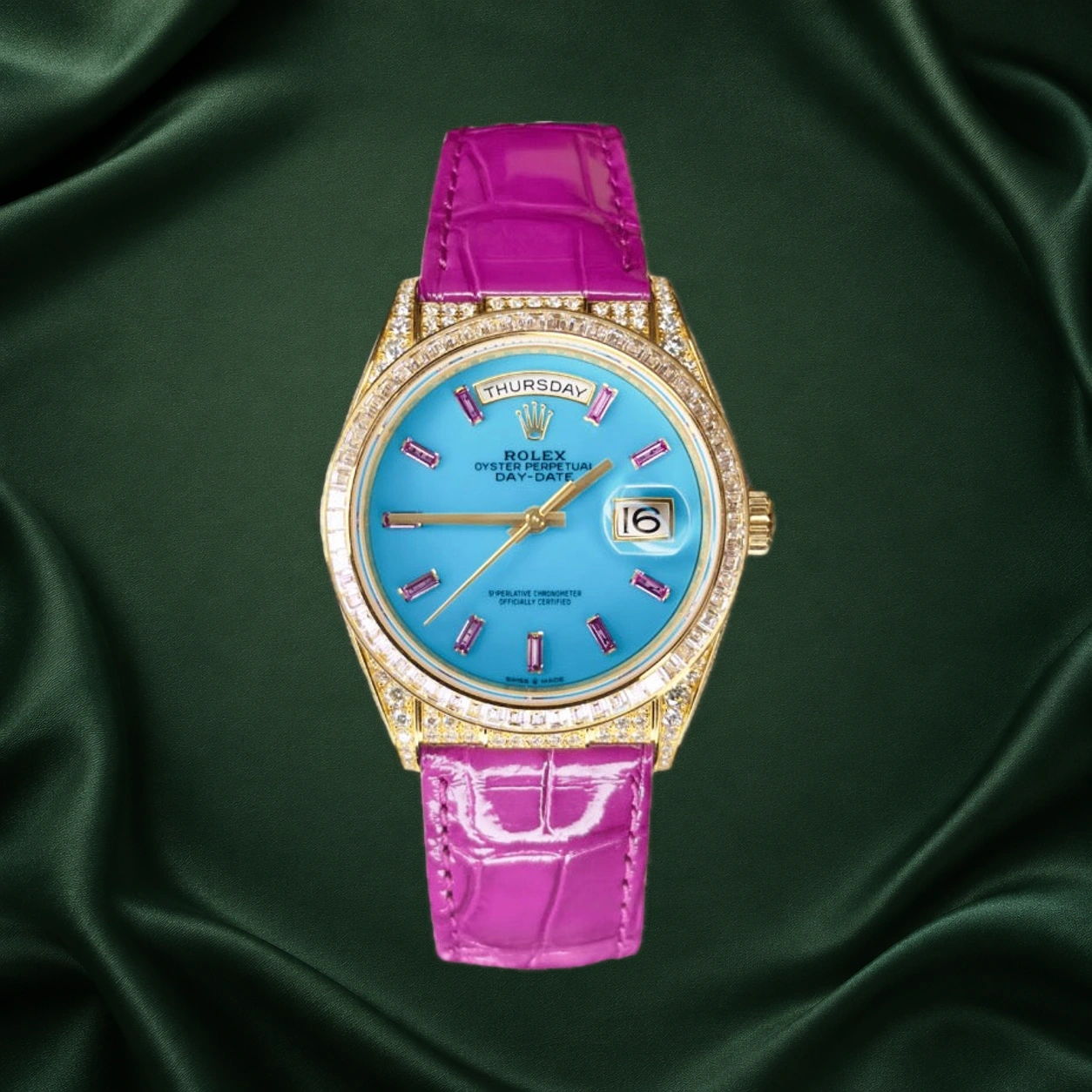 Rolex Day-Date 36mm Yellow Gold Turquoise Dial Purple Sapphire 128458TBR Leather Strap 128458 · partner reference illustration