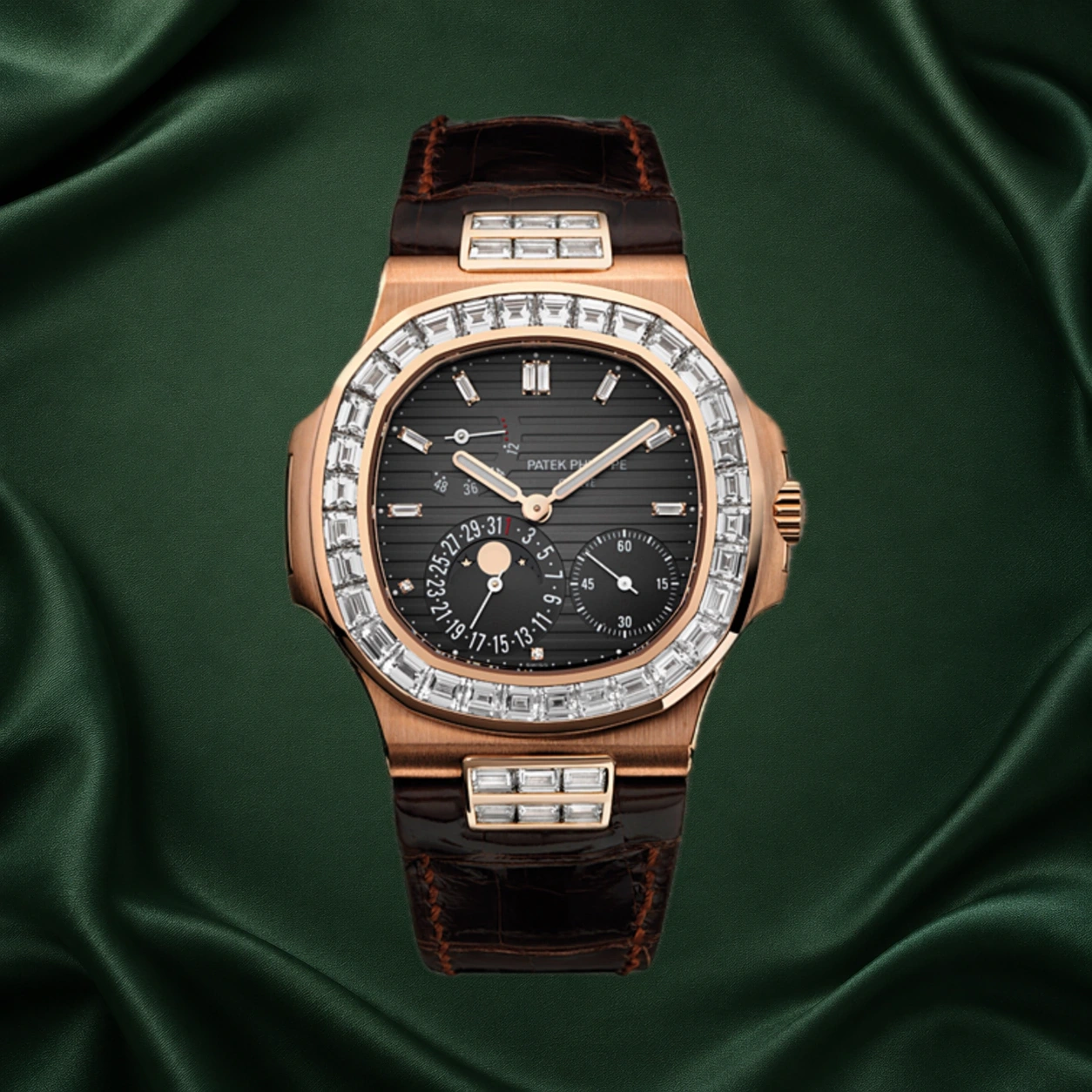 Patek Philippe Nautilus Moonphases 5724R-001 Rose Gold Baguette Diamonds 5724R 5724 Leather Strap · partner reference illustration