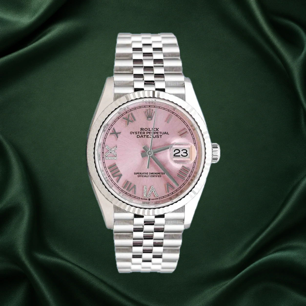 Rolex Datejust 126234 Pink w Roman VI & IX Numerals Diamonds Jubilee · partner reference illustration