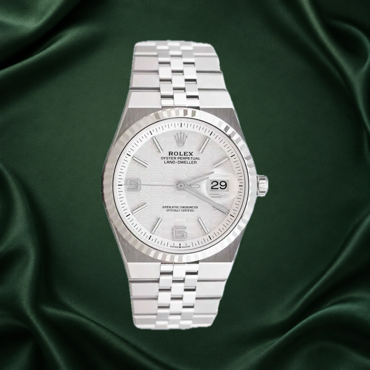 Rolex Land Dweller 127234 White Honeycomb Motif Flat Jubilee · partner reference illustration