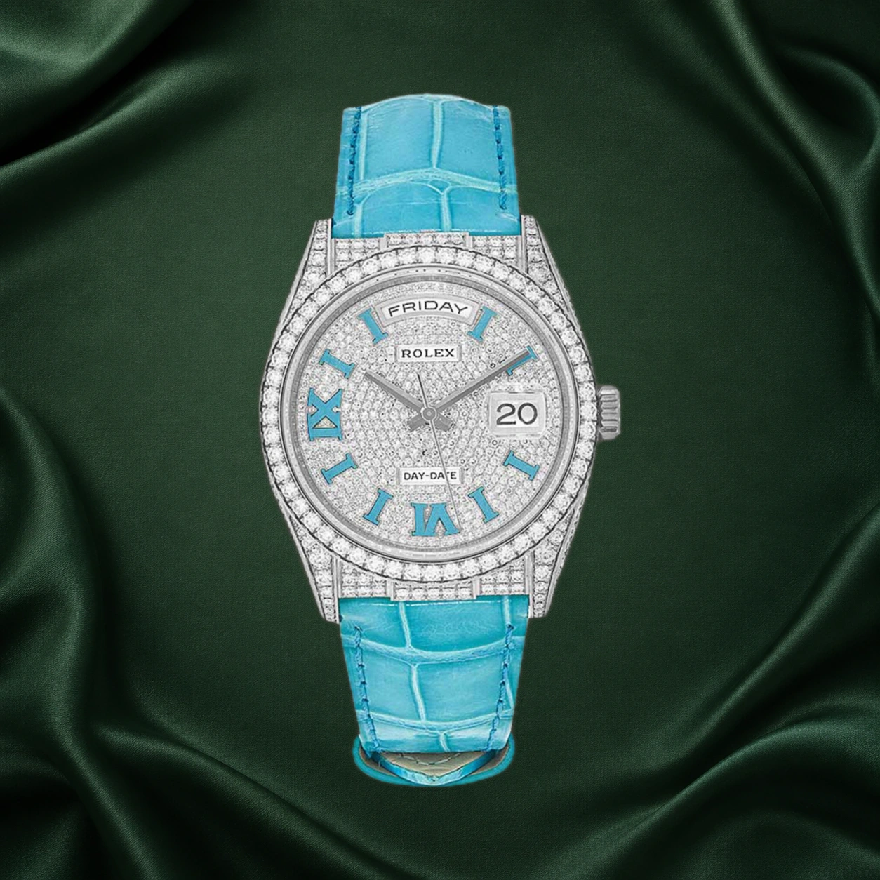 Rolex Day-Date 36mm White Gold Tiffany Blue Paved Diamonds 128159RBR Leather Strap 128159 · partner reference illustration