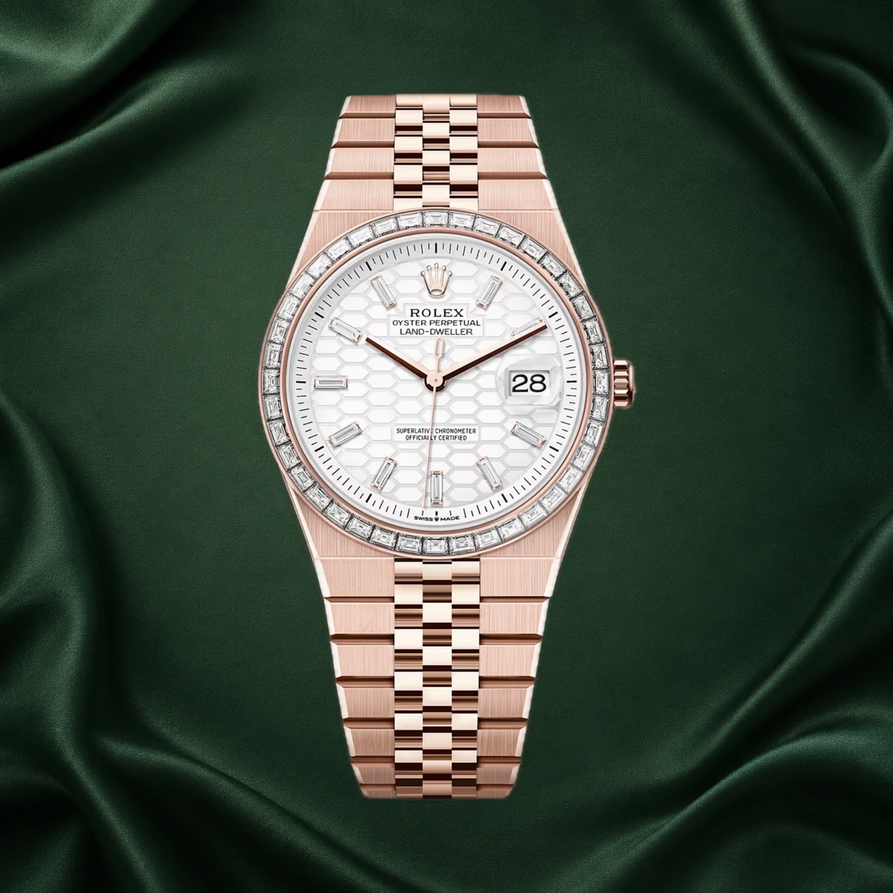Rolex Land-Dweller 40 Rose Gold White Dial Baguette Diamond Bezel 127385TBR 127385 · partner reference illustration