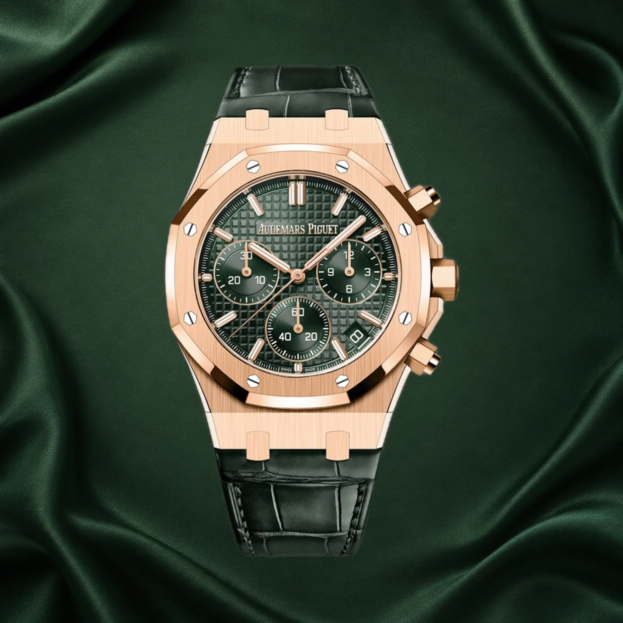 Audemars Piguet Royal Oak 26240OR Chronograph Rose Gold Green Dial 26240 Leather · partner reference illustration
