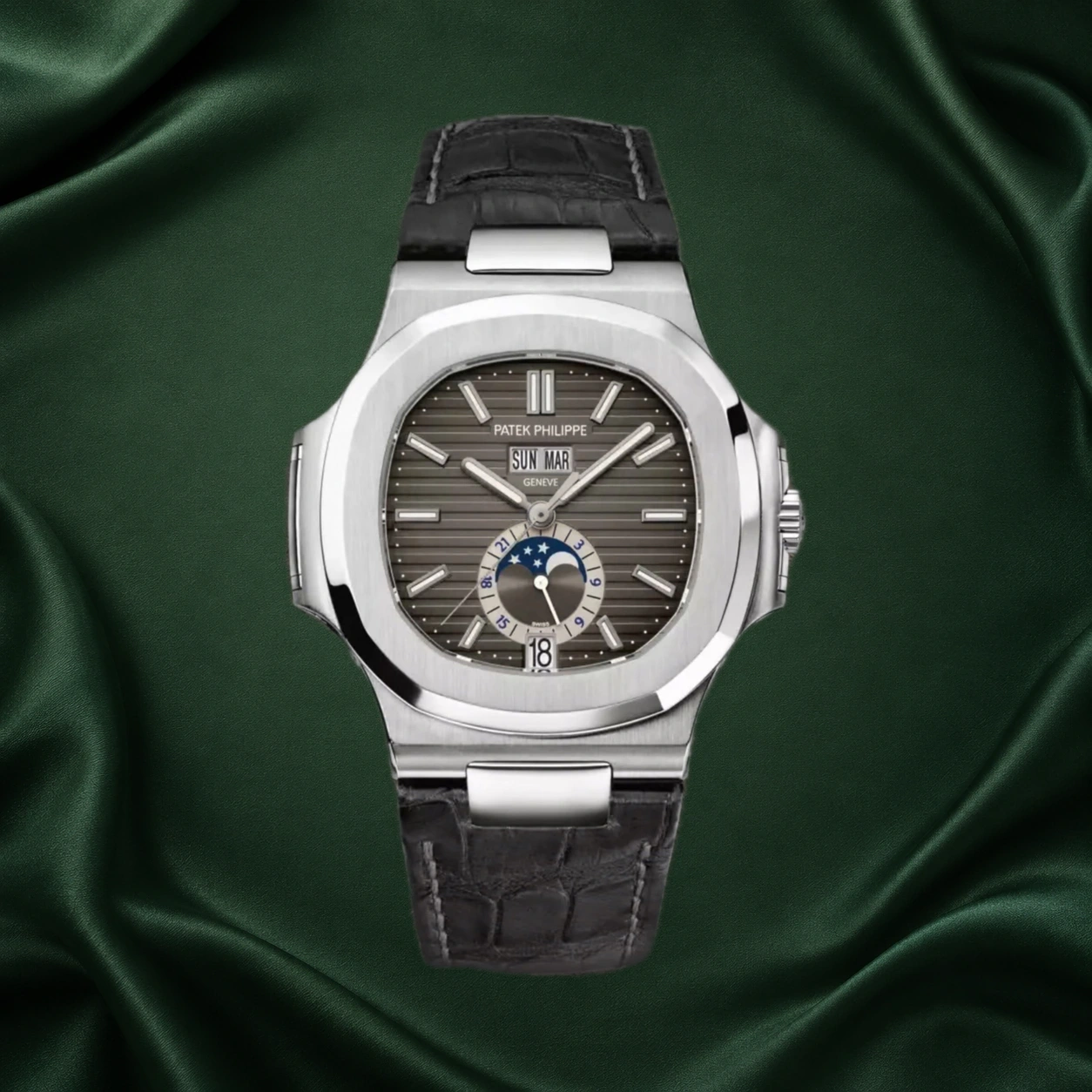 Patek Philippe Nautilus Moonphases 5726A Grey Dial Leather Strap Stainless Steel 5726 · partner reference illustration