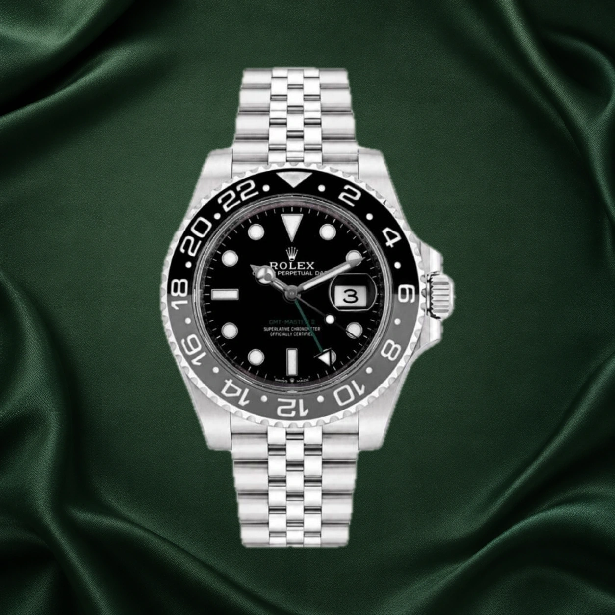 Rolex GMT Master II Bruce Wayne Jubilee 126710GRNR · partner reference illustration