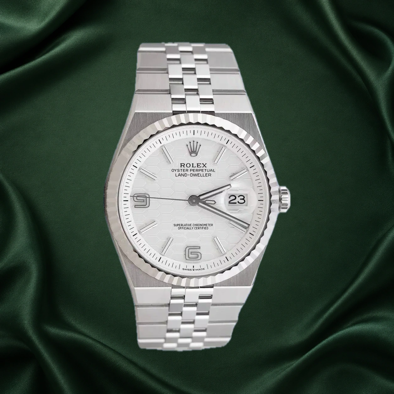 Rolex Land Dweller 127334 White Honeycomb Motif Flat Jubilee · partner reference illustration