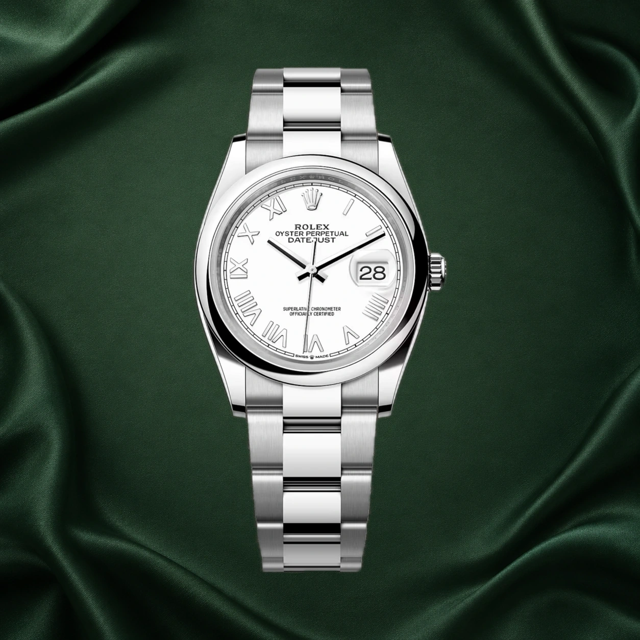 Rolex Datejust 36mm 126200 White Dial Roman Indexes Smooth Bezel Oyster Bracelet · partner reference illustration