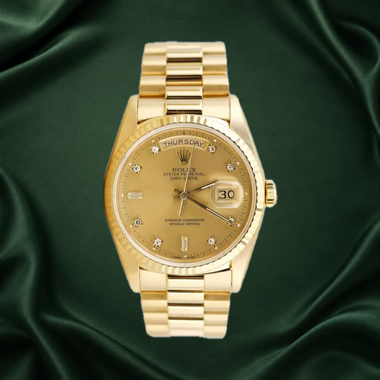 Rolex Daydate 18238 Champagne w 8 Point & 2 Baguette Diamonds President · partner reference illustration