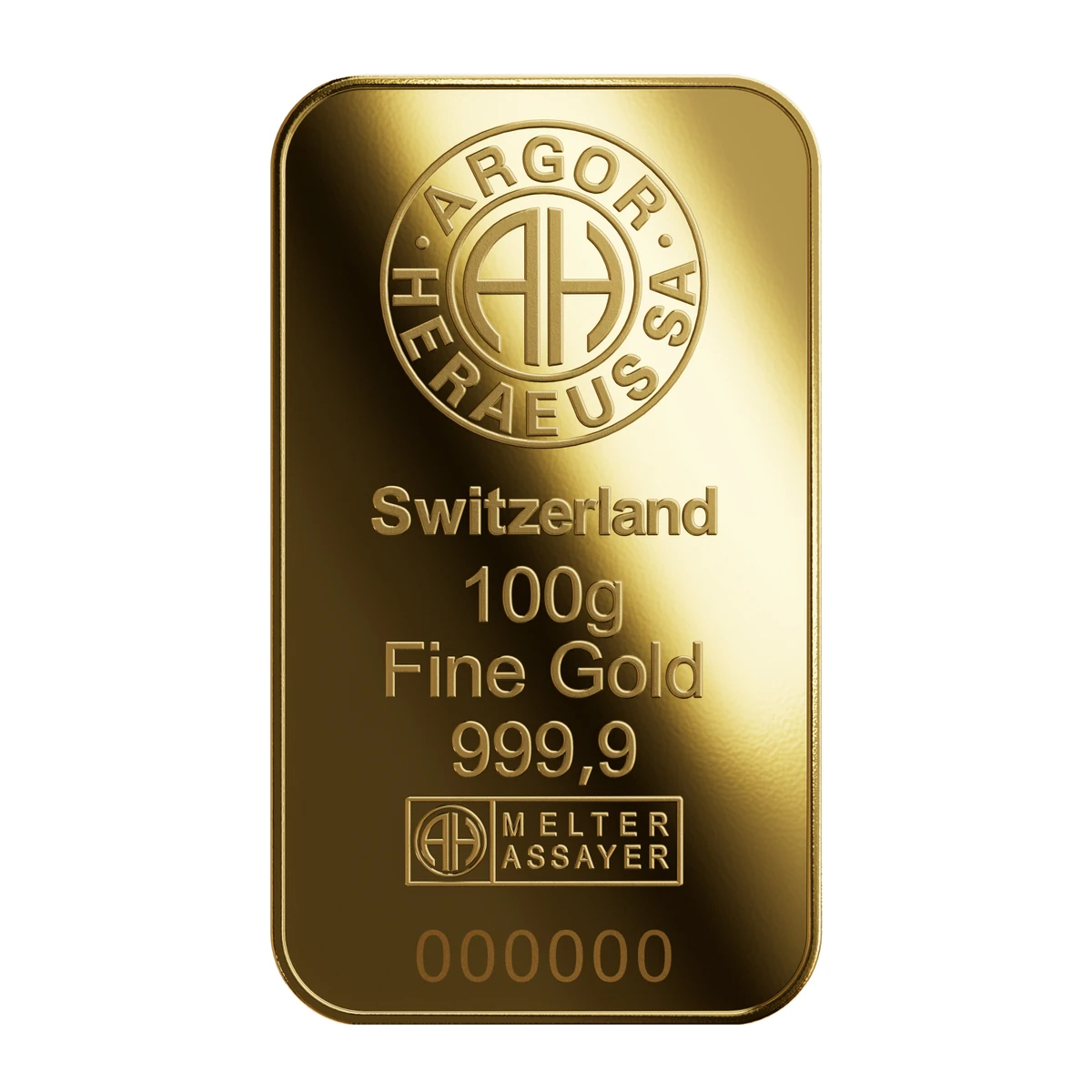 Argor-Heraeus 100 gram minted gold bar with the circular refinery hallmark, shown as a brand reference