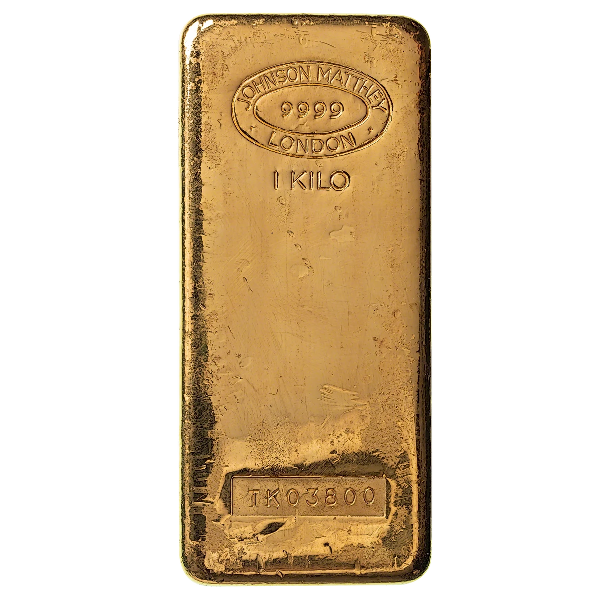 Johnson Matthey one kilogram cast gold bar with the Johnson Matthey London hallmark, shown as a brand reference