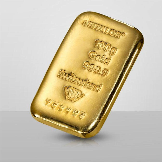 Metalor 100 g cast gold bar with Swiss hallmark, representative brand image