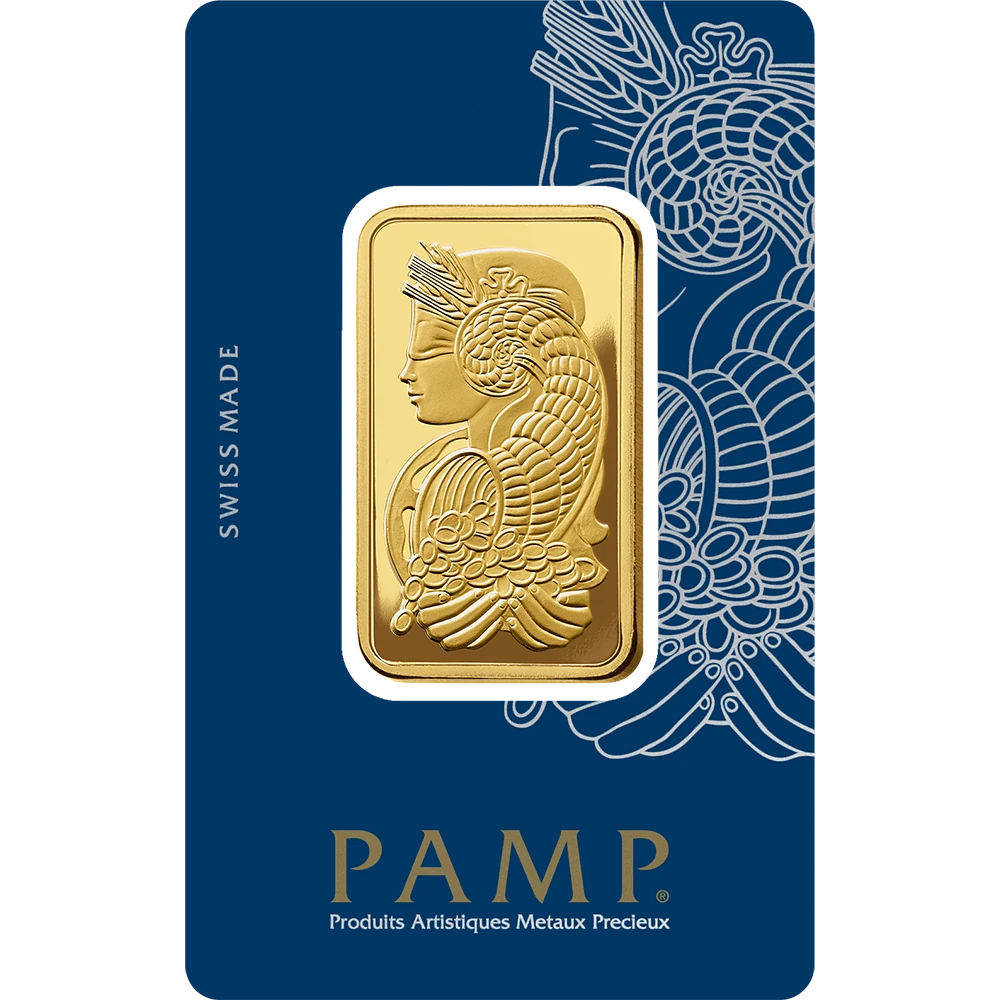 PAMP Lady Fortuna 1 oz gold bar in blue CertiPAMP packaging, representative brand image