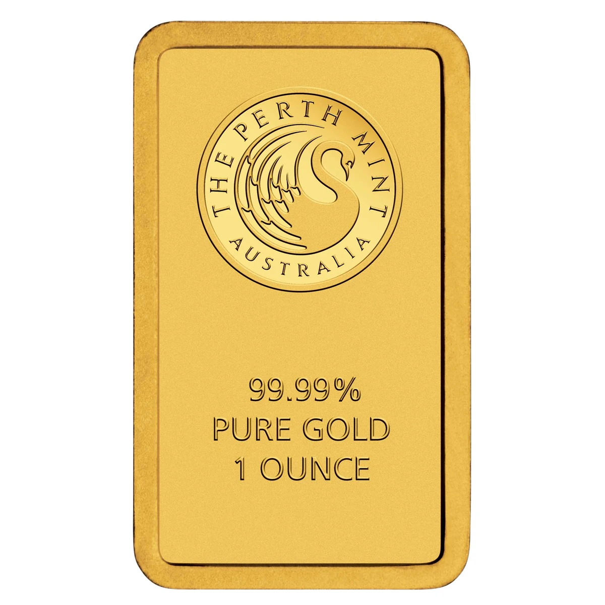 The Perth Mint 1 oz minted gold bar with swan emblem, representative brand image