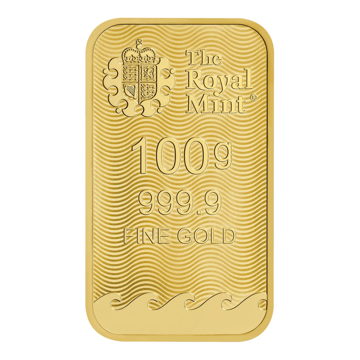The Royal Mint 100 gram Britannia gold bar with the Royal Mint emblem and wavy security pattern, shown as a brand reference