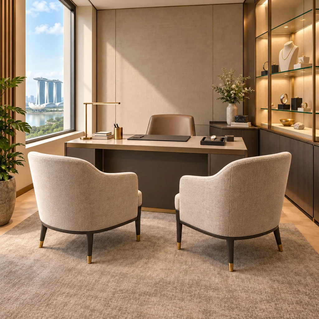 Illustrative appointment room with a desk and jewellery display