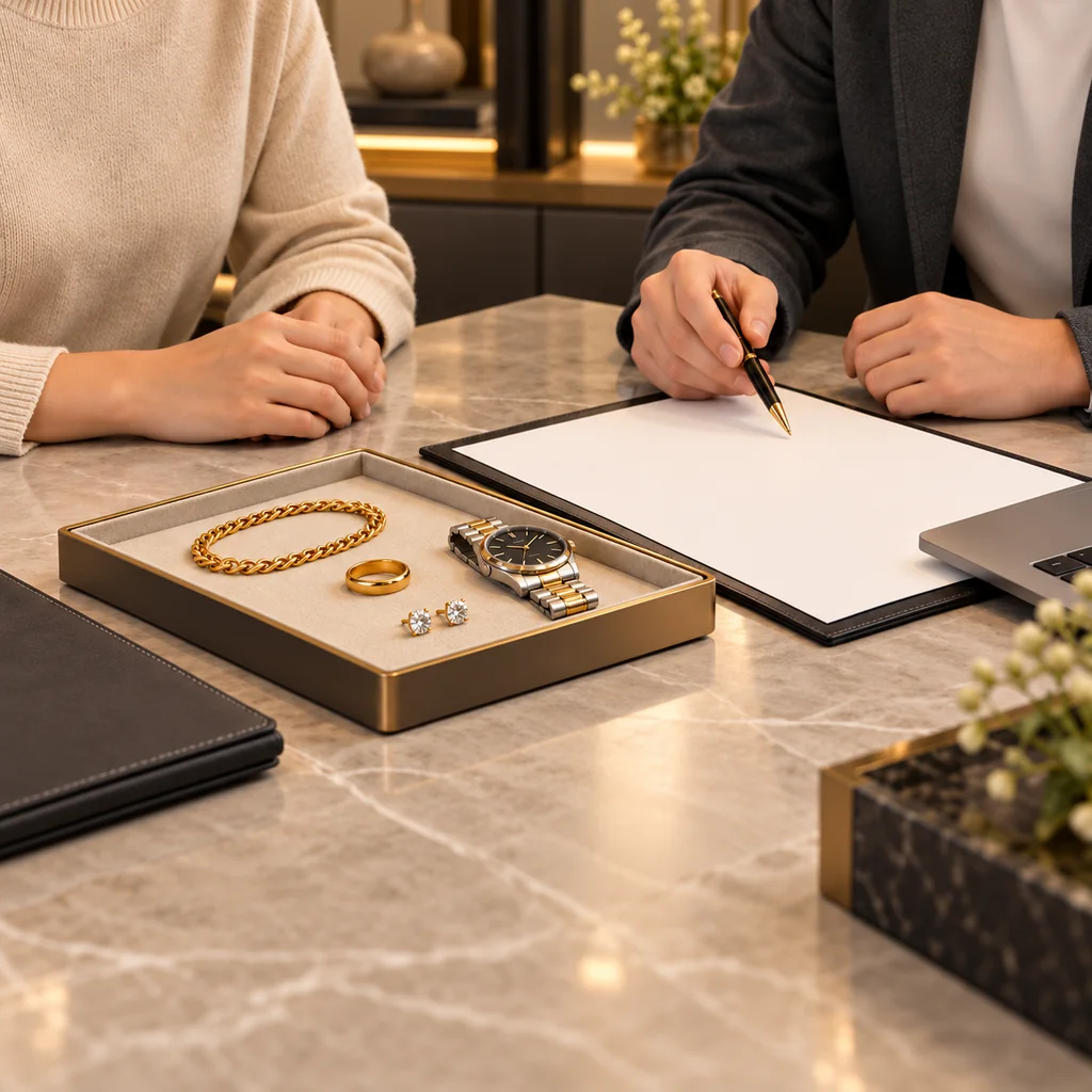 Illustration of an item consultation with jewellery and a watch