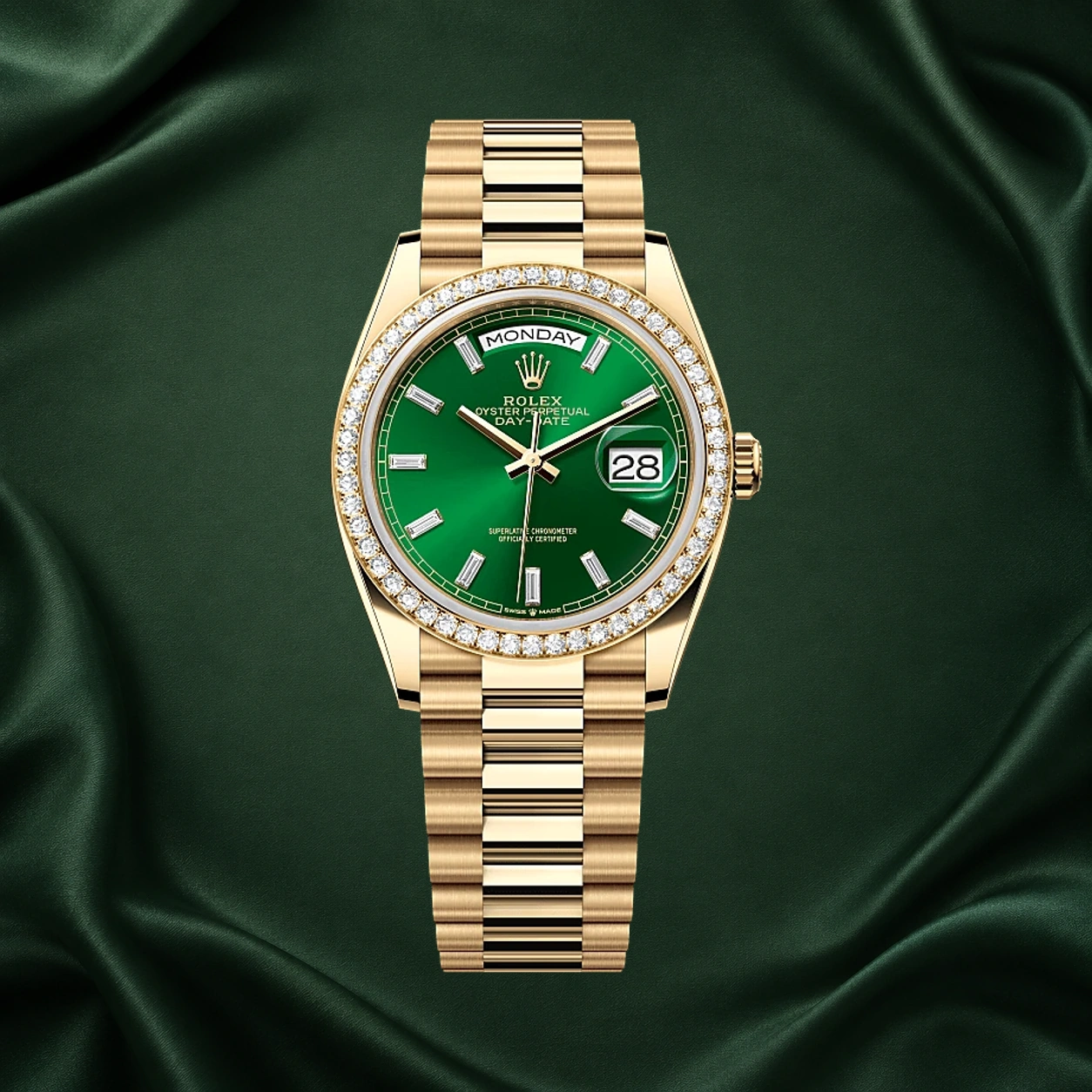 Rolex Day-Date 36 reference 128348RBR-0078, with a bright green baguette-diamond dial, diamond bezel and yellow gold President bracelet