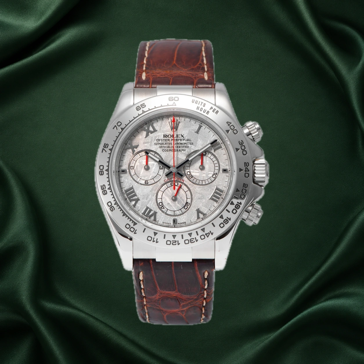 Rolex Cosmograph Daytona 116519 reference photograph with a meteorite dial, white gold tachymeter bezel and brown leather strap