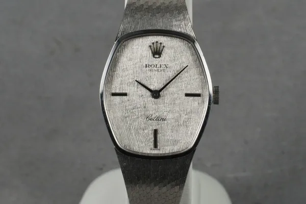 Rolex Cellini · white gold bracelet watch, front view, source example 1